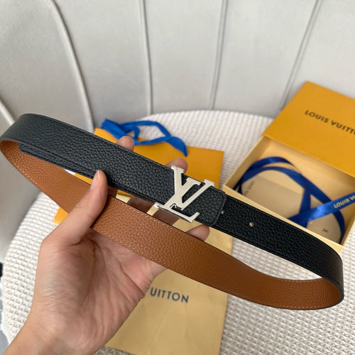 Louis Vuitton Initiales 30mm Reversible Belt Silver Buckle Tan Black Leather