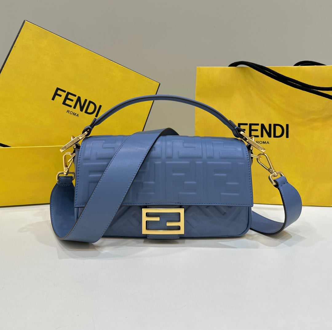 FENDI Baguette 27cm Blue Lambskin Gold Hardware