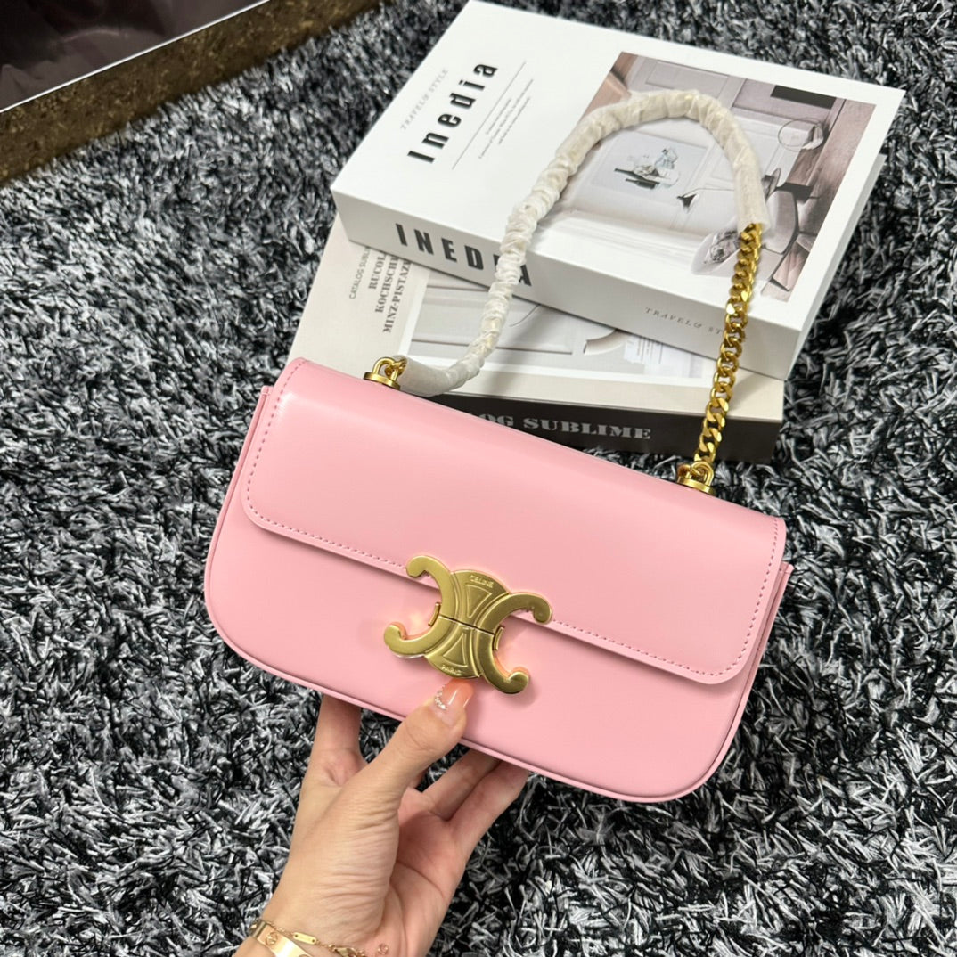 Celine TRIPHOME 20 PINK PASTEL COWHIDE LEATHER CHAIN STRAP BAG