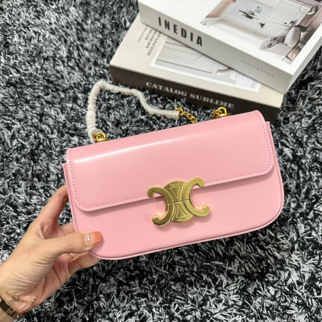 Celine TRIPHOME 20 PINK PASTEL COWHIDE LEATHER CHAIN STRAP BAG