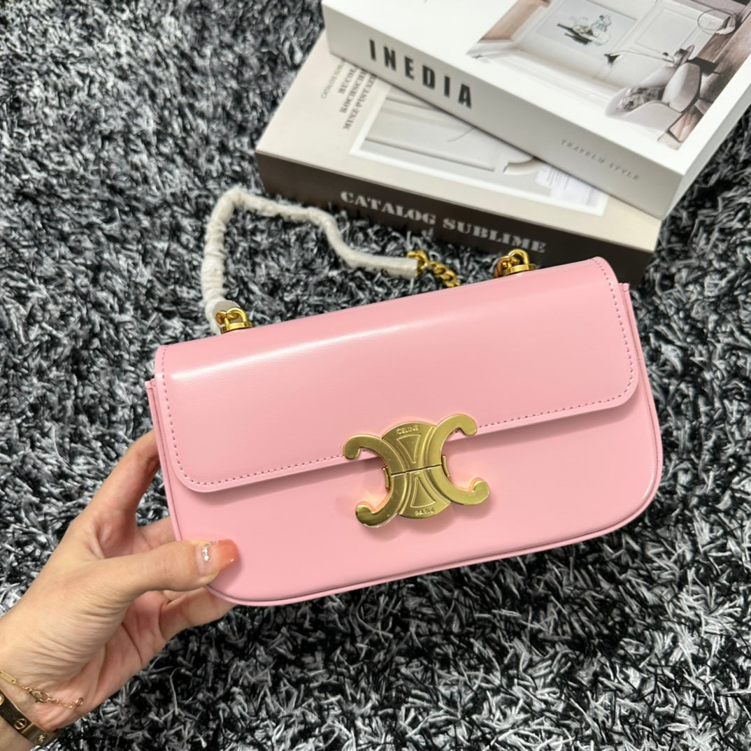 Celine TRIPHOME 20 PINK PASTEL COWHIDE LEATHER CHAIN STRAP BAG