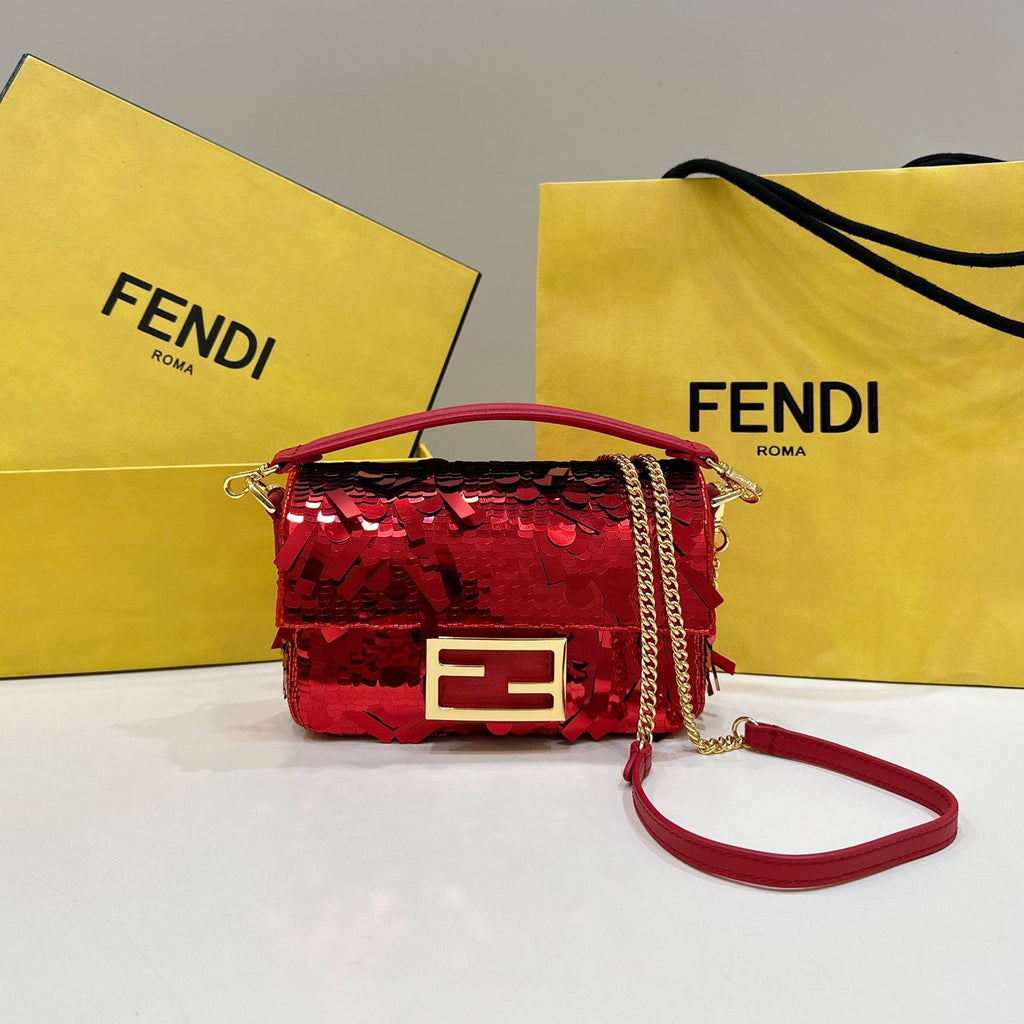 FENDI BAGUETTE MINI 19 IN RED SEQUINS GOLD HARDWARE