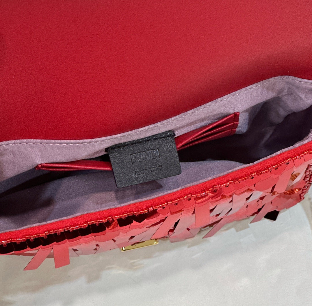 FENDI BAGUETTE MINI 19 IN RED SEQUINS GOLD HARDWARE