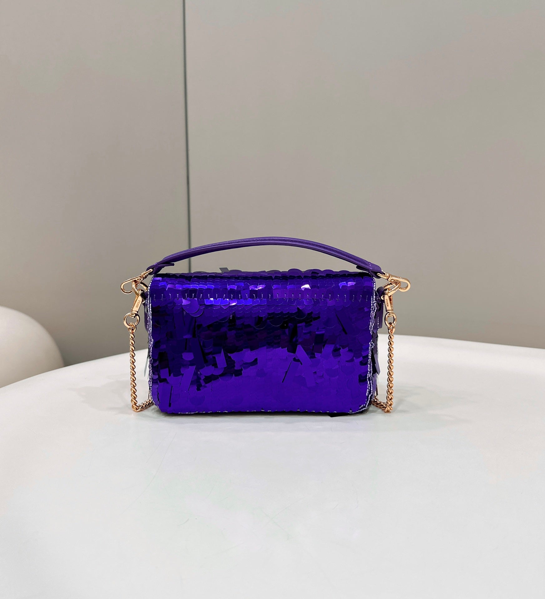 FENDI BAGUETTE MINI 19 IN GRAPE JELLY SEQUINS GOLD HARDWARE