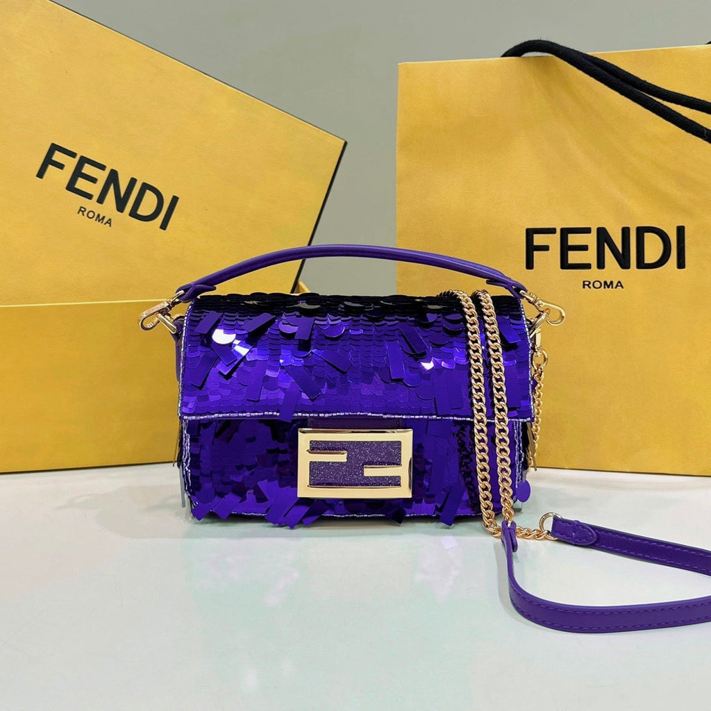 FENDI BAGUETTE MINI 19 IN GRAPE JELLY SEQUINS GOLD HARDWARE