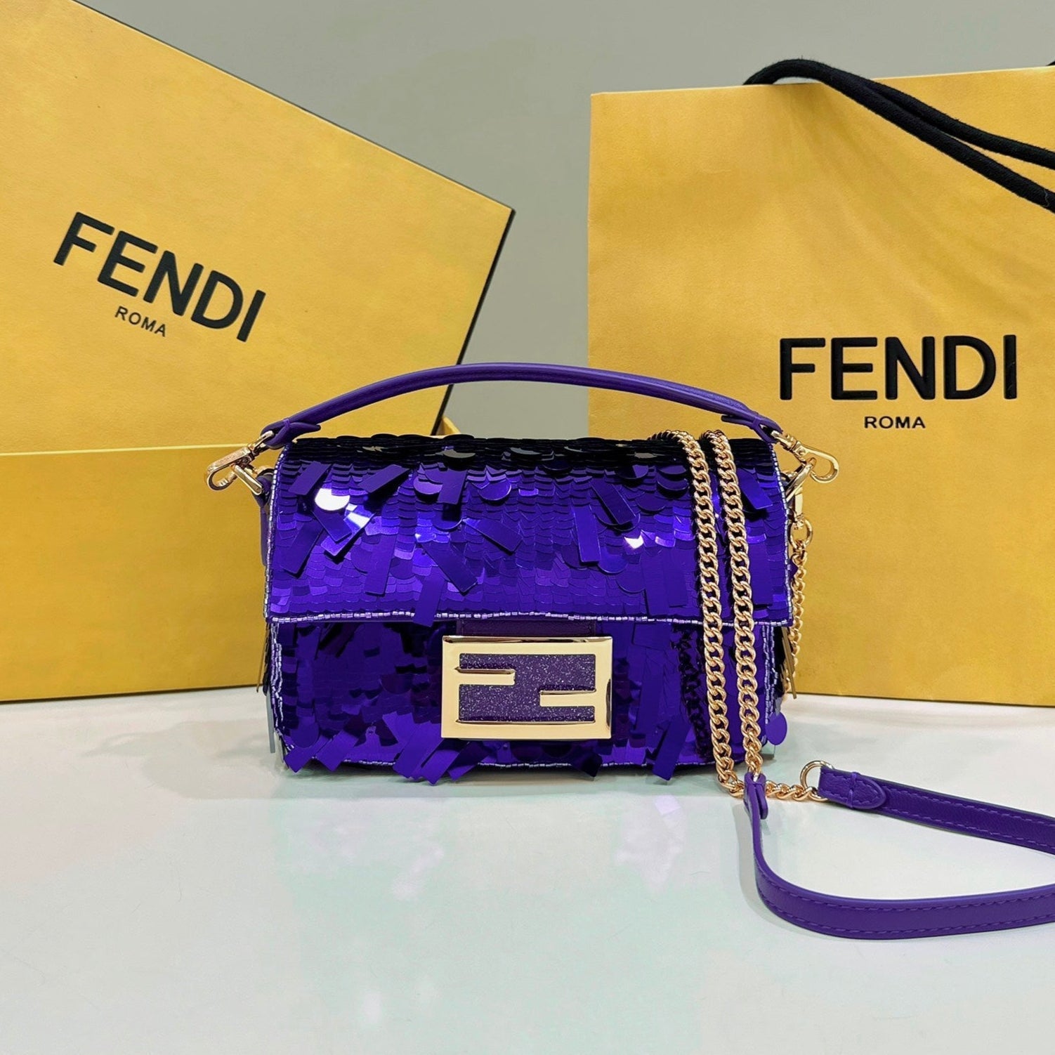 FENDI BAGUETTE MINI 19 IN GRAPE JELLY SEQUINS GOLD HARDWARE