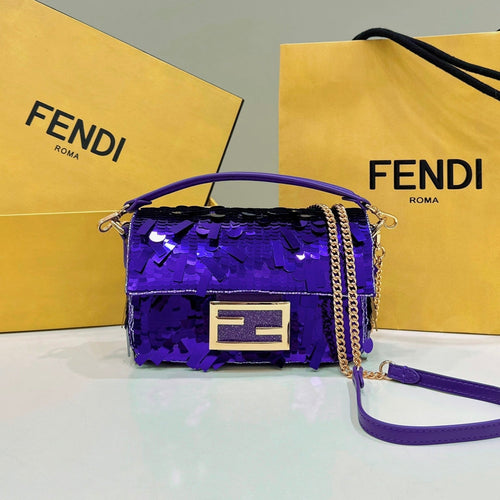 FENDI BAGUETTE MINI 19 IN GRAPE JELLY SEQUINS GOLD HARDWARE