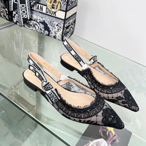 DIOR slingback flat transparent mesh embroidered black flower moitf