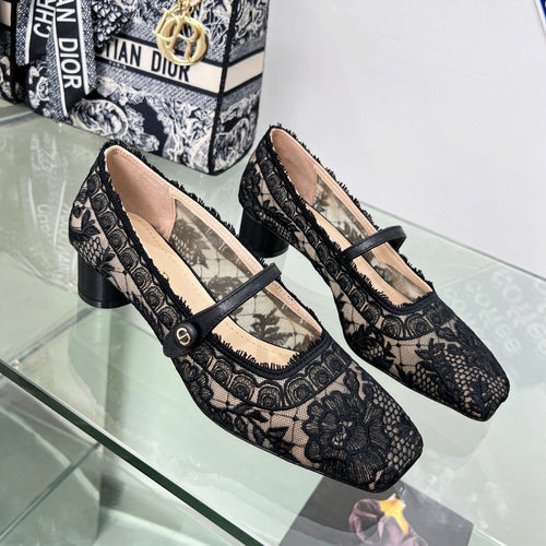 DIOR mary jane transparent mesh embroidered black flower motif