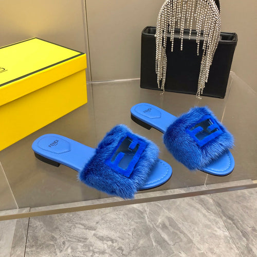 FENDI FENDI BAGUETTE MINK SLIDE SLIPPER IN AZURE BLUE FUR