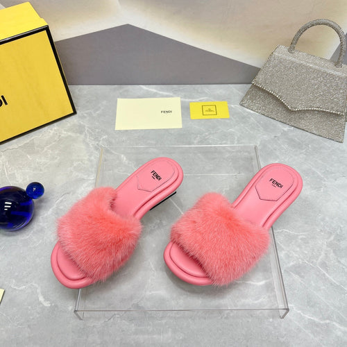 FENDI FENDI BAGUETTE MINK MEDIUM-HEELED 45MM IN PUNCH PINK FUR AND LAMBSKIN