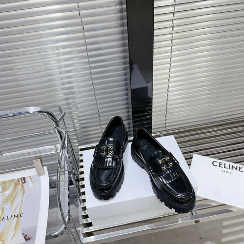 Celine MARGARET CHUNKY LOAFER WITH FRINGES AND TRIOMPHE CHAIN IN POLISHED BULL BLACK
