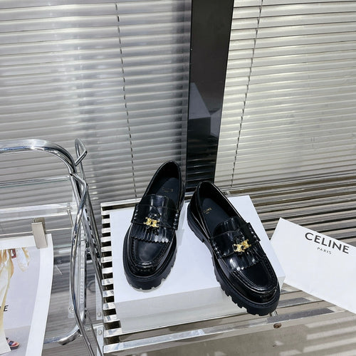 Celine MARGARET CHUNKY LOAFER WITH FRINGES AND TRIOMPHE CHAIN IN POLISHED BULL GLOSSY BLACK