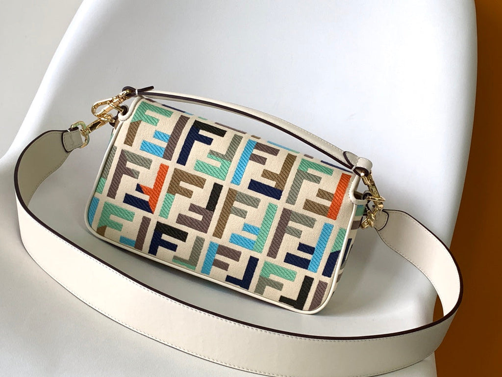 FENDI Fend Baguette White and Multicolour Canvas Bag 27 with FF Embroidery Ghw