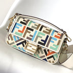 FENDI Fend Baguette White and Multicolour Canvas Bag 27 with FF Embroidery Ghw