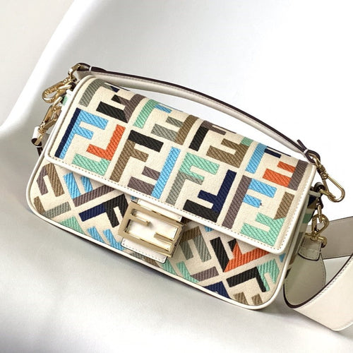 FENDI Fend Baguette White and Multicolour Canvas Bag 27 with FF Embroidery Ghw