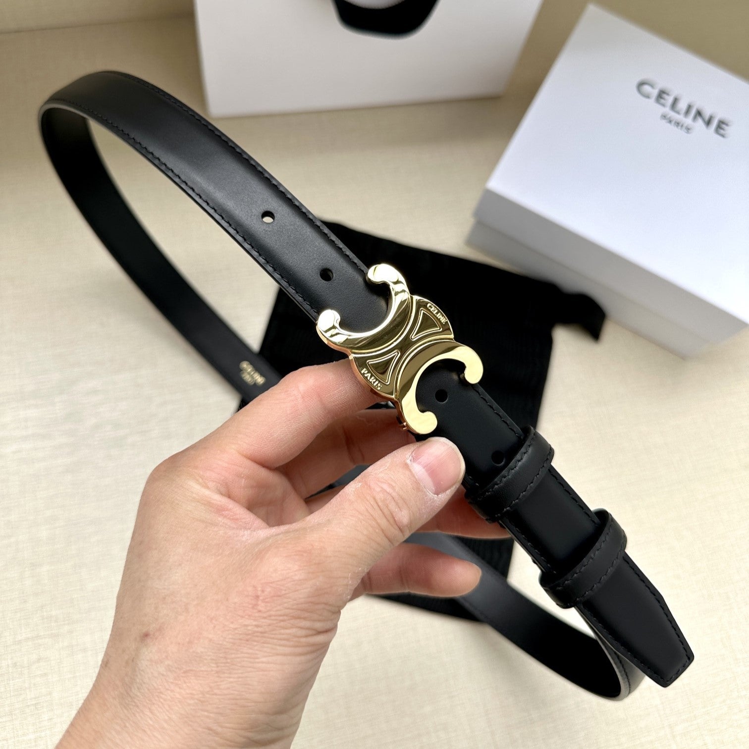 Celine Medium Triomphe Belt 25mm Black Calfskin Ghw