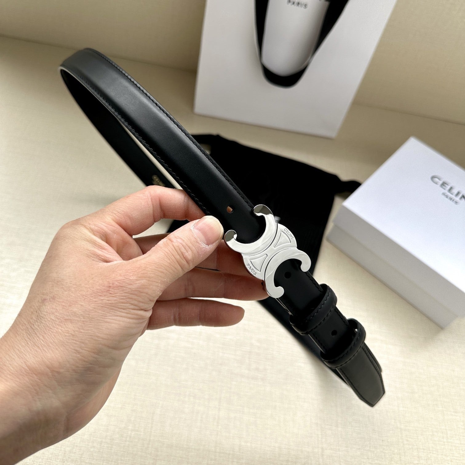 Celine Medium Triomphe Belt 25mm Black Calfskin Shw