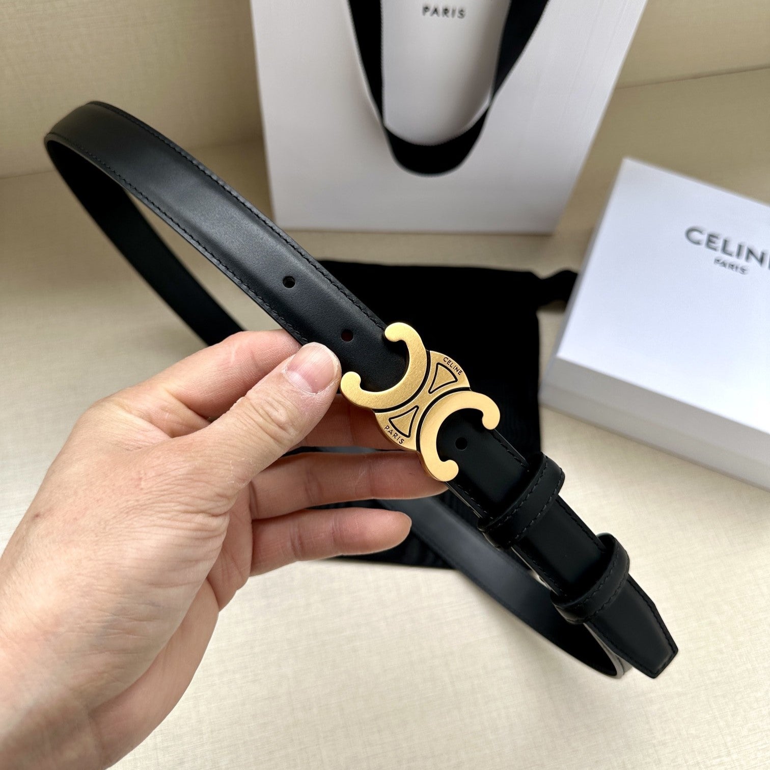 Celine Medium Triomphe Belt 25mm Black Calfskin Gold Finishing