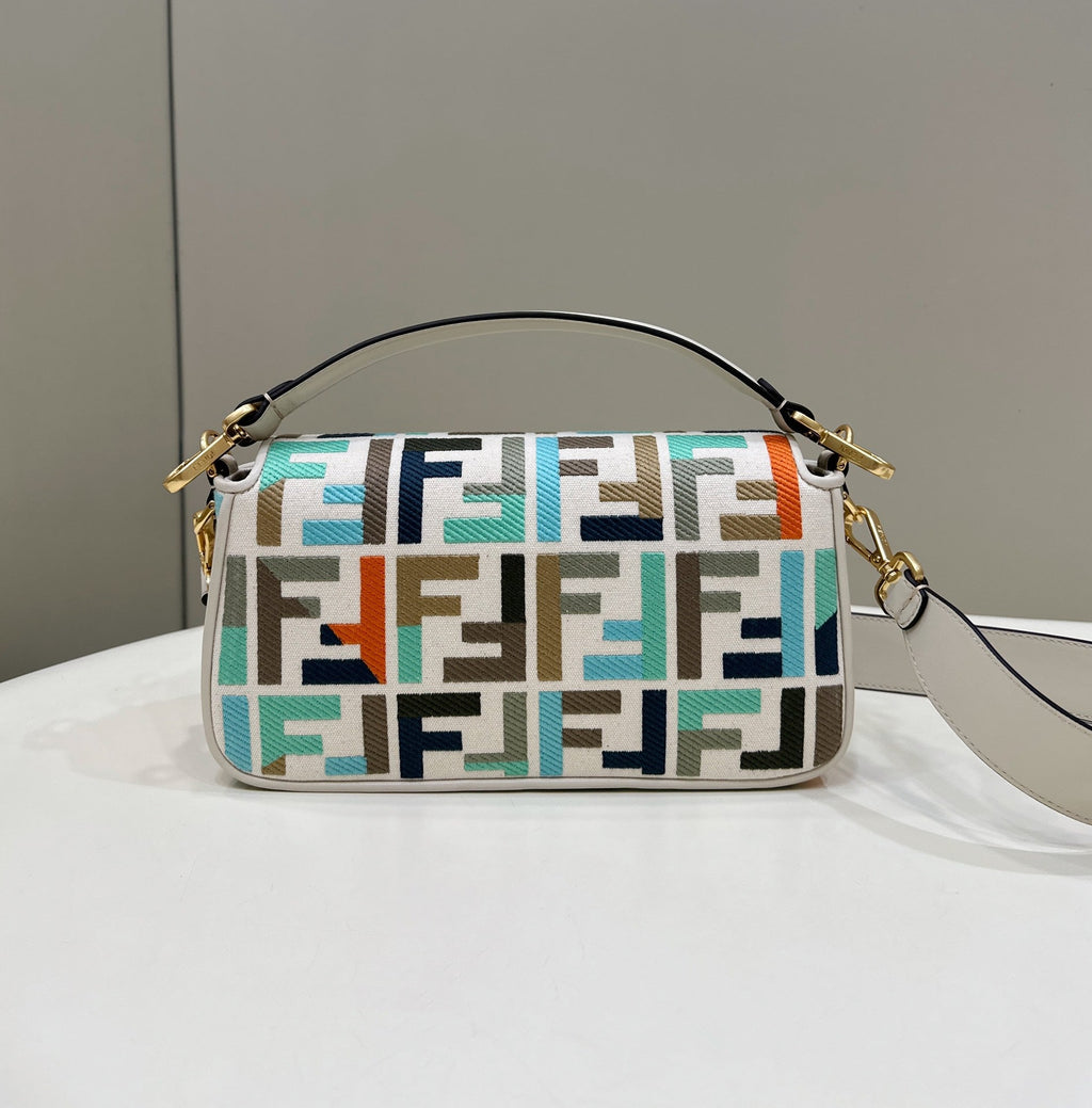 FENDI BAGUETTE CANVAS 27 BAG WHITE STRAP WITH MULTICOLOUR EMBROIDERY GOLD HARDWARE