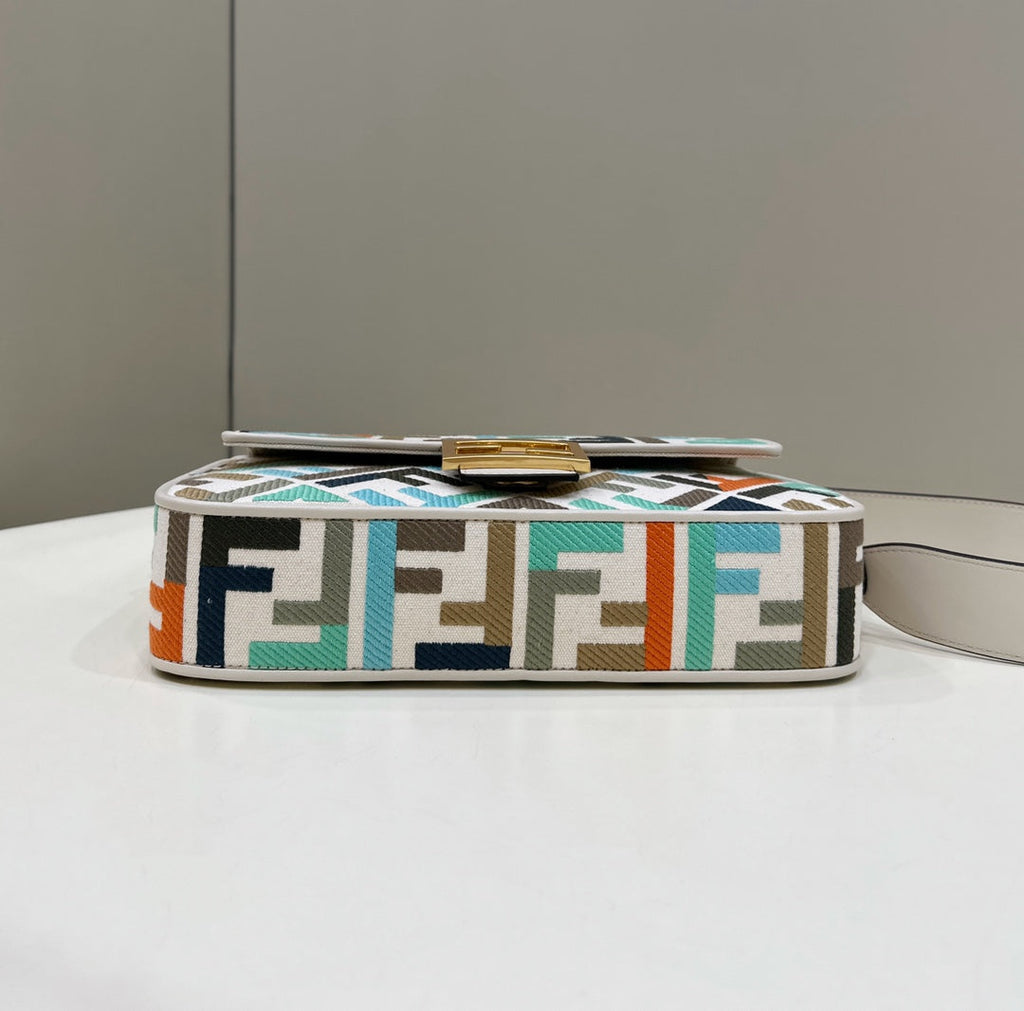 FENDI BAGUETTE CANVAS 27 BAG WHITE STRAP WITH MULTICOLOUR EMBROIDERY GOLD HARDWARE