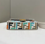 FENDI BAGUETTE CANVAS 27 BAG WHITE STRAP WITH MULTICOLOUR EMBROIDERY GOLD HARDWARE
