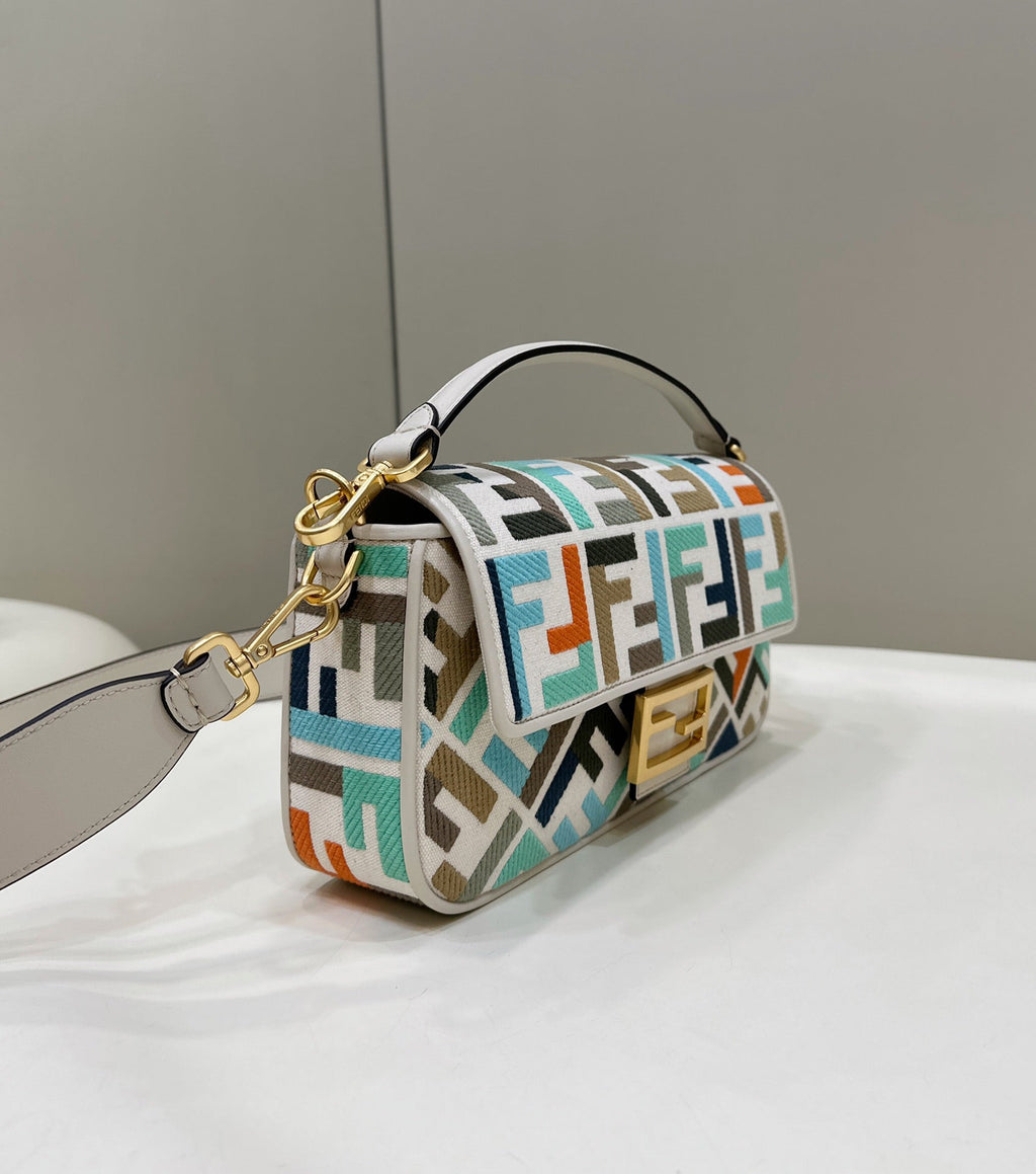 FENDI BAGUETTE CANVAS 27 BAG WHITE STRAP WITH MULTICOLOUR EMBROIDERY GOLD HARDWARE