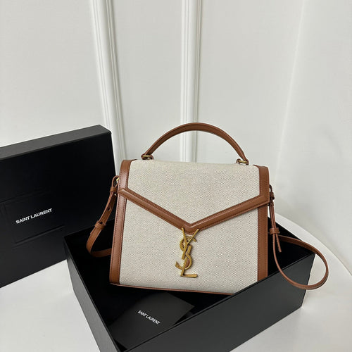 Saint Laurent SL Cassandra Top Handle 2wayBag Beige Canvas Brown Leather