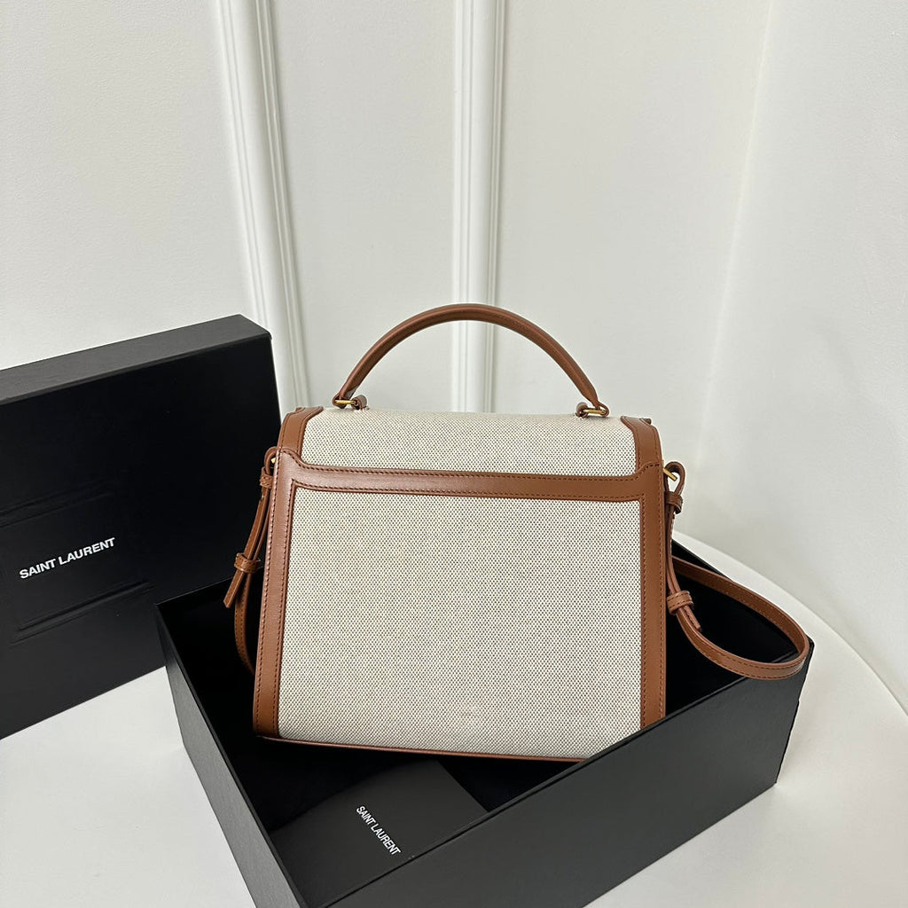 Saint Laurent SL Cassandra Top Handle 2wayBag Beige Canvas Brown Leather