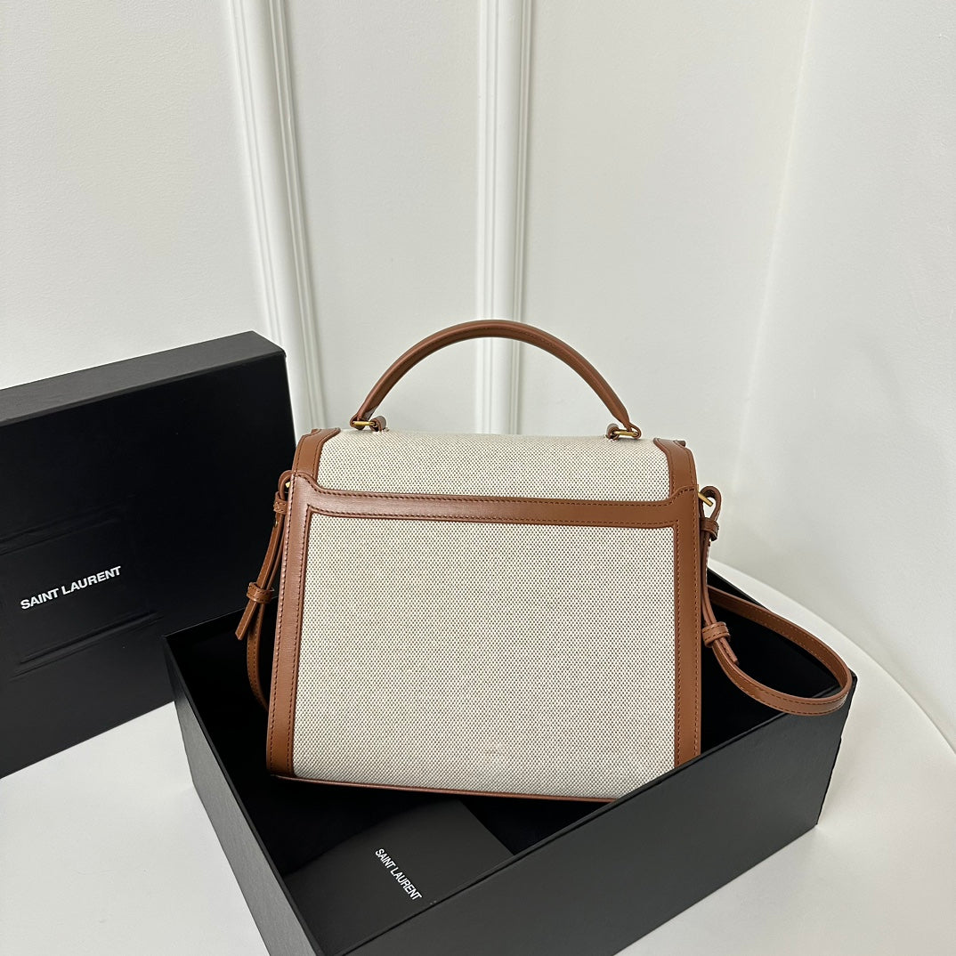 Saint Laurent SL Cassandra Top Handle 2wayBag Beige Canvas Brown Leather