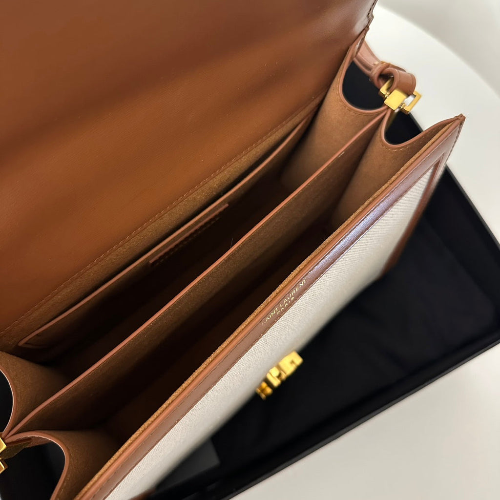 Saint Laurent SL Cassandra Top Handle 2wayBag Beige Canvas Brown Leather