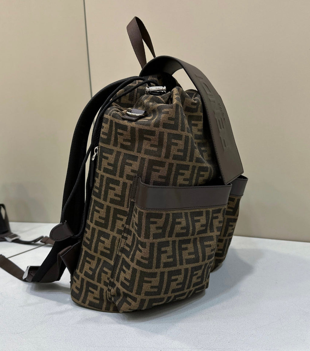 FENDI FENDI STRIKE 41 MEDIUM FF MOCHA BROWN JACQUARD FABRIC BACKPACK