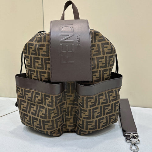 FENDI FENDI STRIKE 41 MEDIUM FF MOCHA BROWN JACQUARD FABRIC BACKPACK