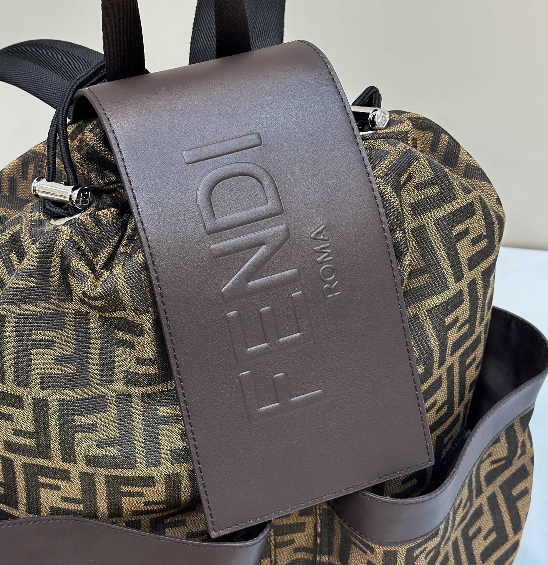 FENDI FENDI STRIKE 41 MEDIUM FF MOCHA BROWN JACQUARD FABRIC BACKPACK