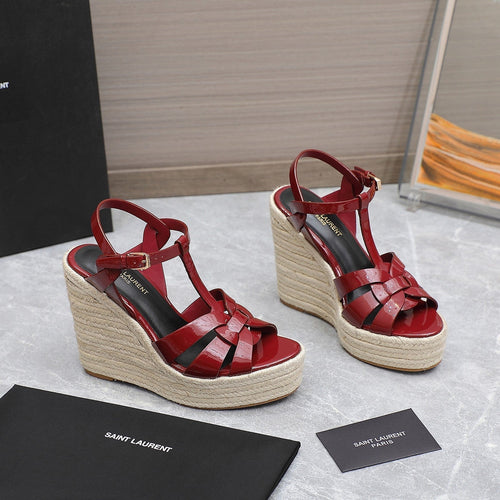 Saint Laurent SL TRIBUTE WEDGE SANDALS BERRY POLISHED CALFSKIN