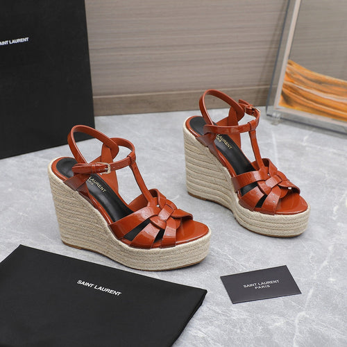 Saint Laurent SL TRIBUTE WEDGE SANDALS BRICK POLISHED CALFSKIN