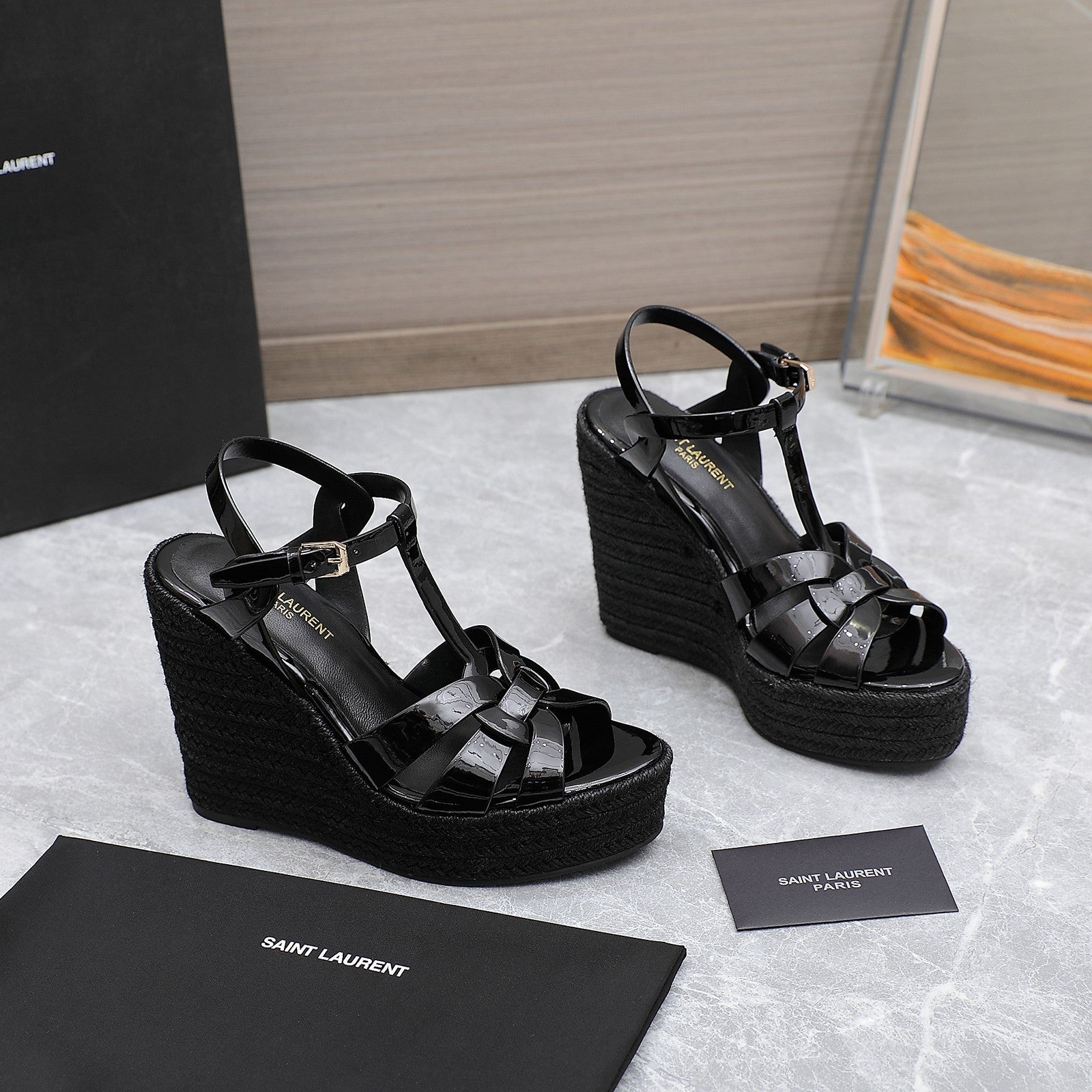 Saint Laurent SL TRIBUTE WEDGE SANDALS BLACK POLISHED CALFSKIN