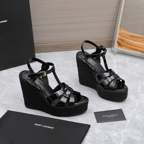 Saint Laurent SL TRIBUTE WEDGE SANDALS BLACK POLISHED CALFSKIN
