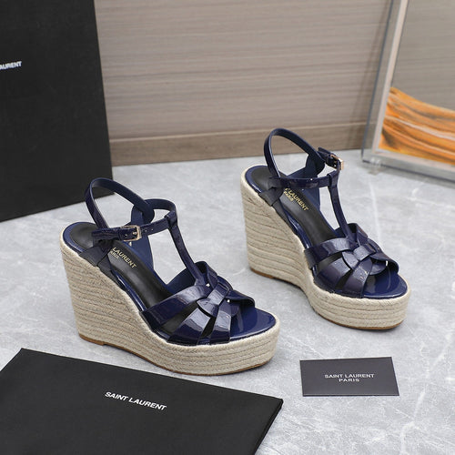 Saint Laurent SL TRIBUTE WEDGE SANDALS NAVY POLISHED CALFSKIN