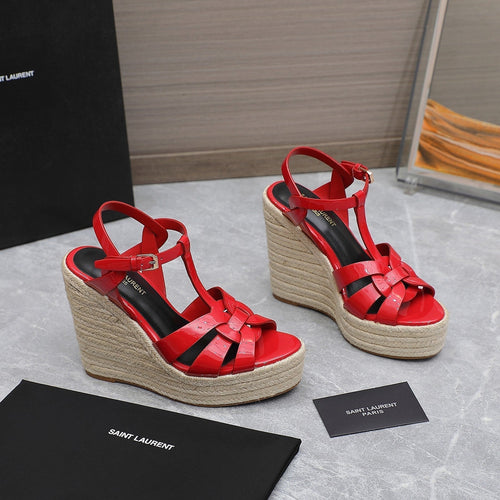 Saint Laurent SL TRIBUTE WEDGE SANDALS CRIMSON POLISHED CALFSKIN