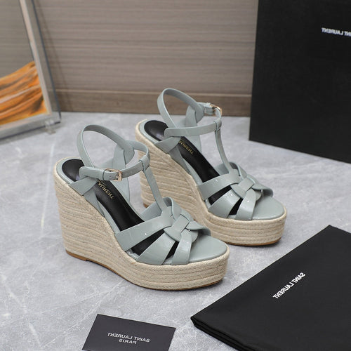 Saint Laurent SL TRIBUTE WEDGE SANDALS TEMPERED GREY POLISHED CALFSKIN
