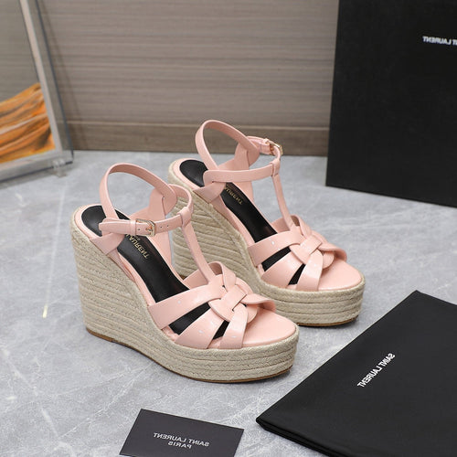 Saint Laurent SL TRIBUTE WEDGE SANDALS PASTEL PINK POLISHED CALFSKIN