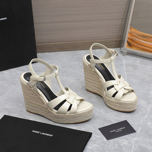 Saint Laurent SL TRIBUTE WEDGE SANDALS CREAM POLISHED CALFSKIN