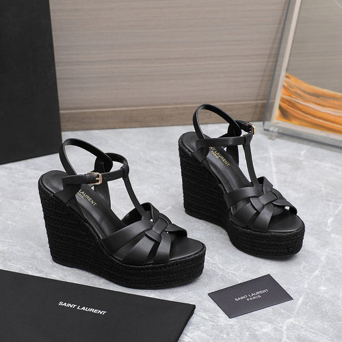 Saint Laurent SL TRIBUTE WEDGE SANDALS BLACK CALFSKIN