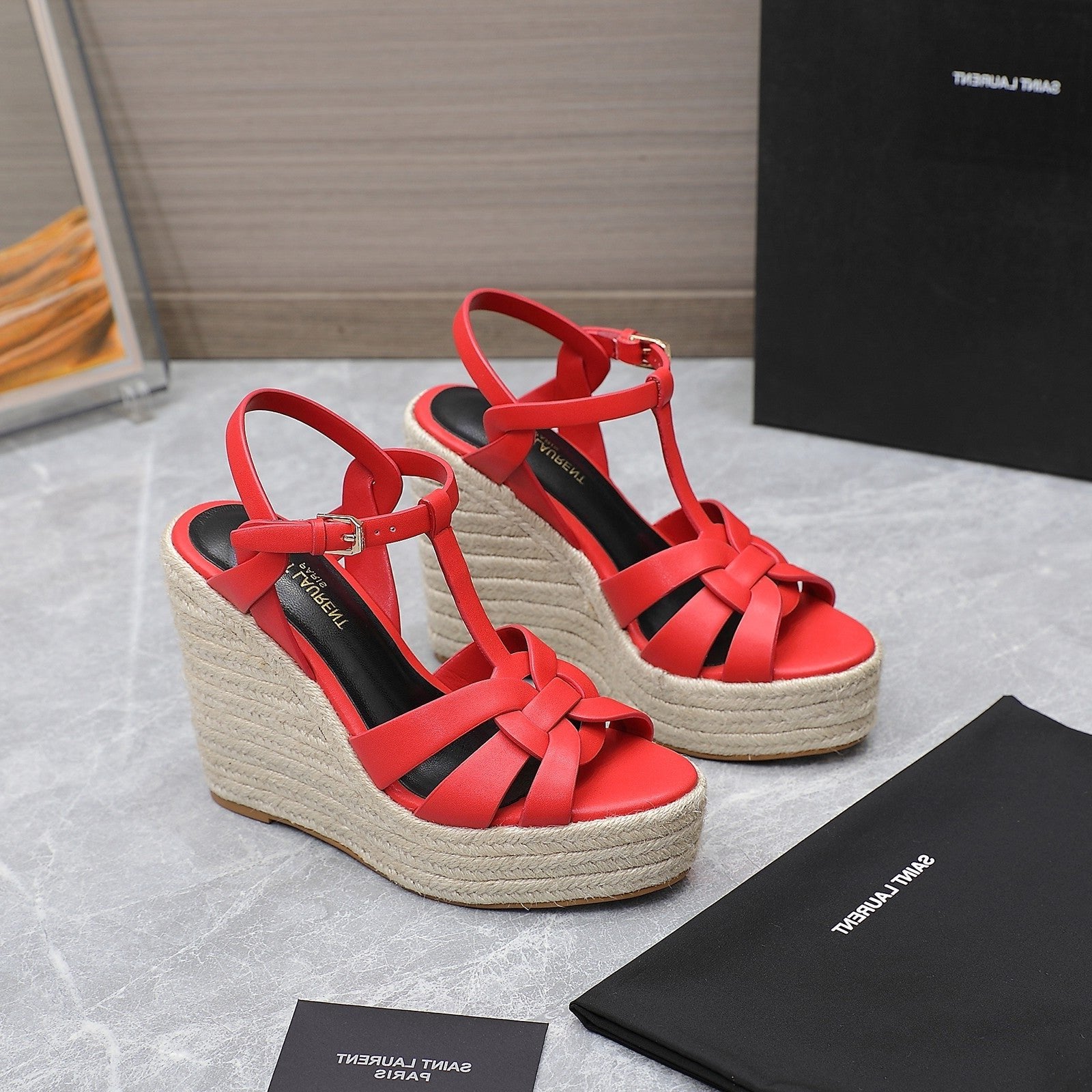 Saint Laurent SL TRIBUTE WEDGE SANDALS CRIMSON CALFSKIN
