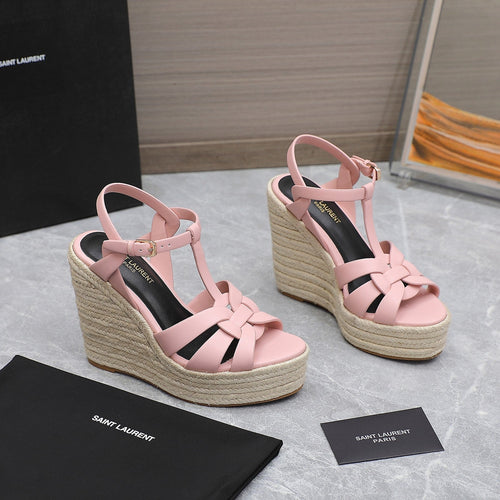 Saint Laurent SL TRIBUTE WEDGE SANDALS PALE PINK CALFSKIN