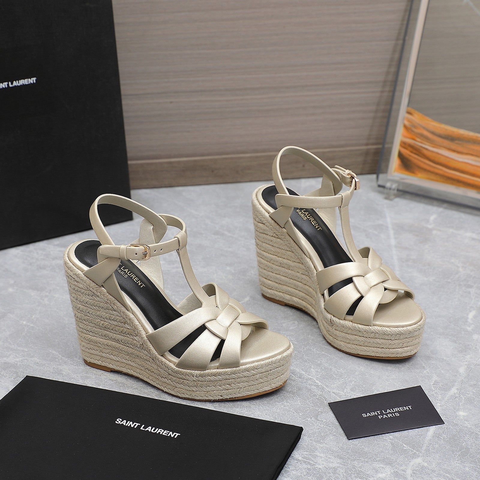 Saint Laurent SL TRIBUTE WEDGE SANDALS METALLIC BEIGE CALFSKIN