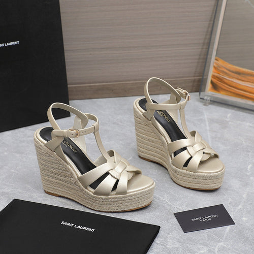 Saint Laurent SL TRIBUTE WEDGE SANDALS METALLIC BEIGE CALFSKIN