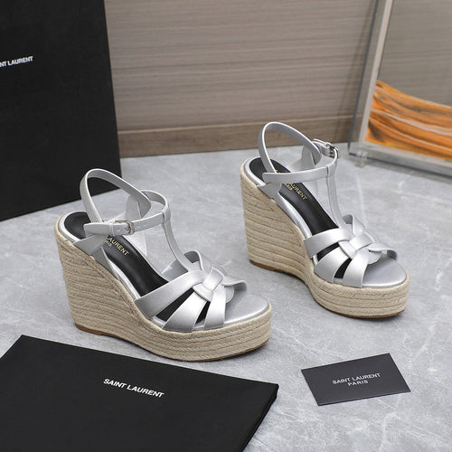 Saint Laurent SL TRIBUTE WEDGE SANDALS SILVER CALFSKIN