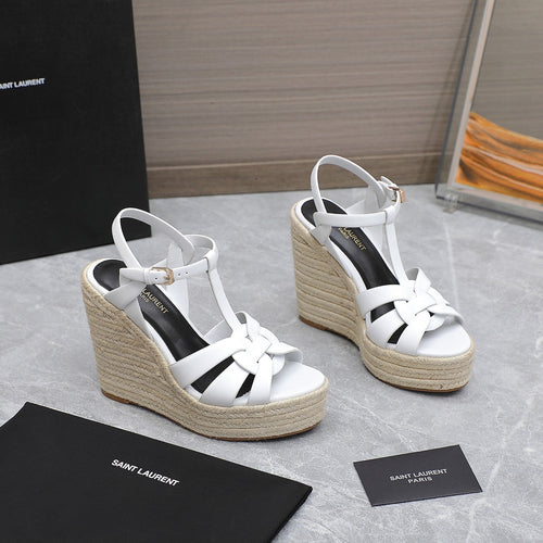 Saint Laurent SL TRIBUTE WEDGE SANDALS WHITE CALFSKIN